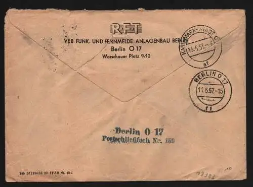 B13383 DDR Dienst ZKD 15 1602 Brief 1957 Berlin RFT VEB Funk- und Fernmelde Anla