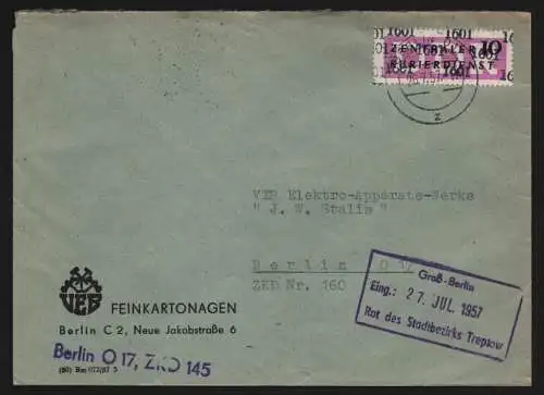 B13367 DDR Dienst ZKD 14 1601 Brief 1957 Berlin VEB Feinkartonagen Postfach 145
