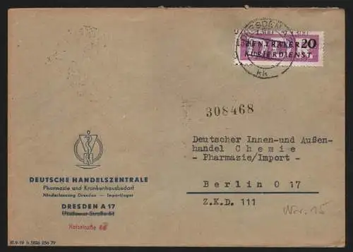 B13218 DDR Dienst ZKD 15 1300 Brief Dresden DHZ Pharmazie und Krankenhausbedarf