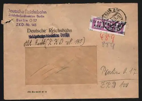 B13370 DDR Dienst ZKD 14 1601 Brief 1957 Berlin Deutsche Reichsbahndirektion 145