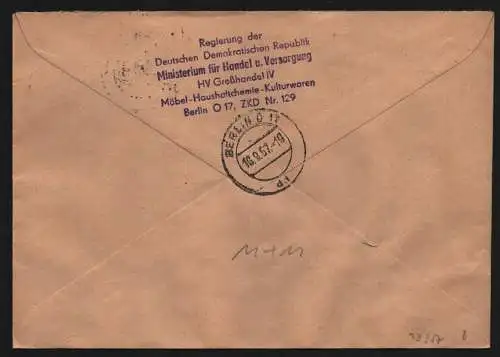 B13357 DDR Dienst ZKD 14 1600 Brief 1957  Berlin Regierung Ministerium f Handel