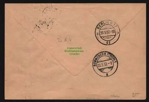 B12641 DDR ZKD 1957 2x 6 Brief Spätverwendung unzulässig 20.5.57 nach Sonneberg