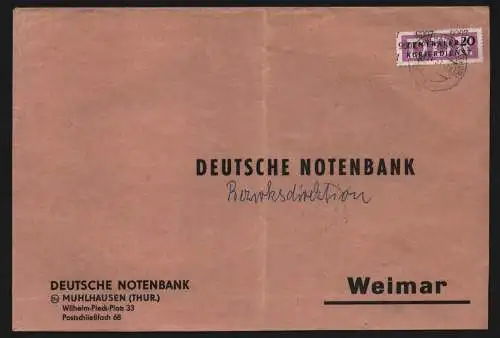 B11913 DDR ZKD 15 9007 Brief Mühlhausen Thür. 1957 Deutsche Notenbank n. Weimar