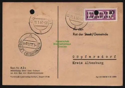 B12640 DDR ZKD 1957 Postkarte unzulässig Mitteilung über eine Geburt Göpfersdorf