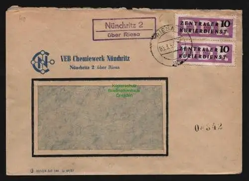 B12638 DDR ZKD 1957 Landpoststempel Nünchritz über Riesa 2x 6 VEB Chemiewerk