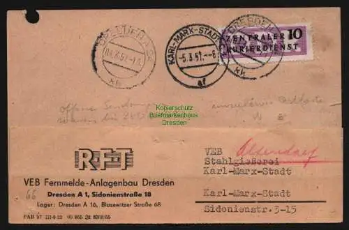 B12646 DDR ZKD 1957 Postkarte unzulässig verboten nach Karl-Marx-Stadt offene Se