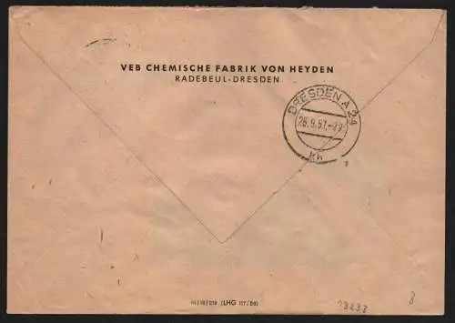 B13233 DDR ZKD 15 1300 Brief 1957 VEB Chemische Fabrik von Heyden Radebeul