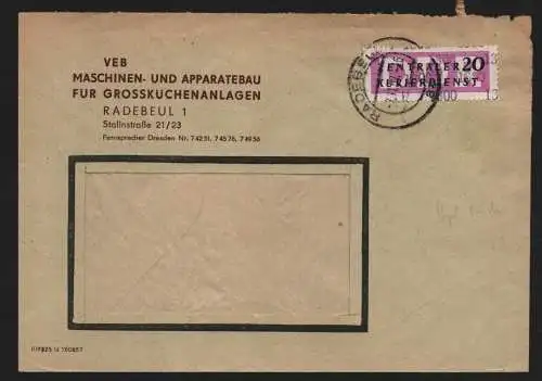 B13221 DDR Dienst ZKD 15 1300 Brief 1957 Radebeul VEB Maschinen- und Apparatebau