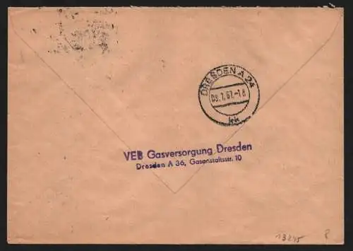 B13245 DDR Dienst ZKD 10 1300 Brief 1957 VEB Gasversorgung Dresden an Gericht