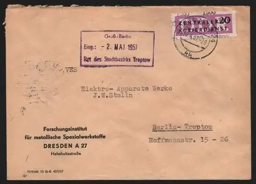 B13254 DDR Dienst ZKD 15 1300 Brief 1957 Forschungsinstitut Dresden nach Berlin