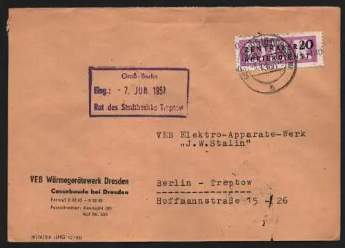 B13232 DDR Dienst ZKD 15 1300 Brief 1957 VEB Wärmegerätewerk Dresden Cossebaude