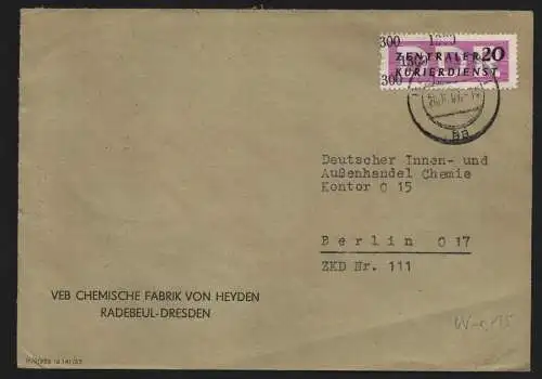 B13241 DDR ZKD 15 1300 Brief 1957 VEB Chemische Fabrik von Heyden Radebeul