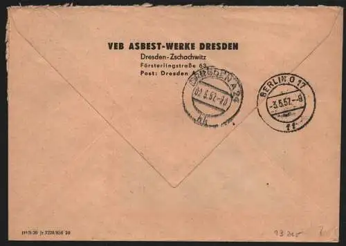 B13215 DDR Dienst ZKD 11 1300 Brief 1957 VEB Asbest Werke Dresden nach Berlin