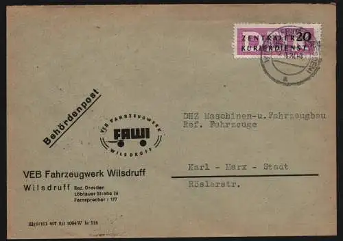 B13259 DDR Dienst ZKD 15 1304 Brief 1957 VEB Fahrzeugwerk Wilsdruff nach Karl-M