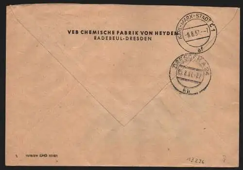 B13236 DDR ZKD 15 1300 Brief 1957 VEB Chemische Fabrik von Heyden Radebeul