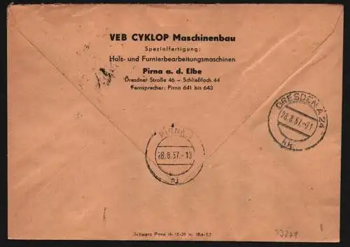 B13279 DDR Dienst ZKD 15 1311 Brief 1957 Pirna VEB CYCLOP Maschinenbau n Dresden