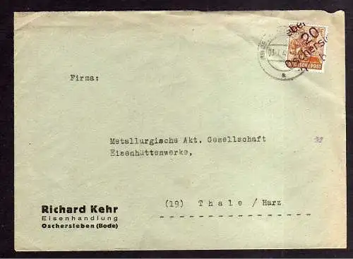 h749 Brief Handstempel Bezirk 20 Oschersleben 3.7.48 Eisenhandlung Kehr n. Thale