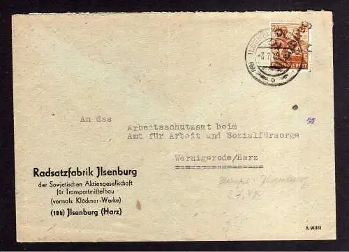 h873 Brief Handstempel Bezirk 29 Ilsenburg Radsatzfabrik SAG 3.7.48 an Arbeitssc