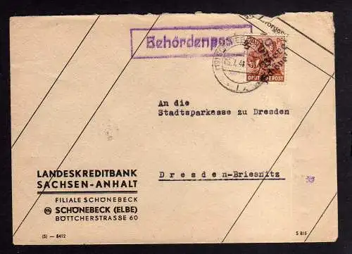 h869 Brief Handstempel Bezirk 29 Biere Schönebeck 6.7.48 Landeskreditbank Sachse