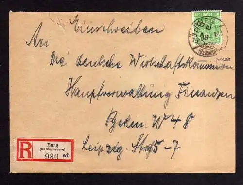 h679 Brief Handstempel Bezirk 20 Burg 30.6.48 R980 Einschreiben an Wirtschaftsko