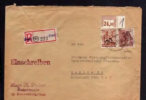 h673 Brief Handstempel Bezirk 20 Hüttenrode Blankenburg 30.6.48 Einschreiben an