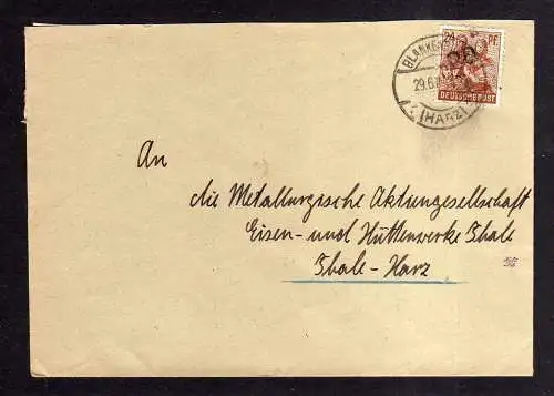 h671 Brief Handstempel Bezirk 20 Blankenburg 29.6.48 an Hüttenwerke Thale