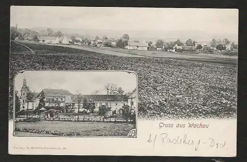 22735 AK Wachau Ort Kirche Pfarramt bei Radeberg ca 1905 Merbitz , Dresden A. 16