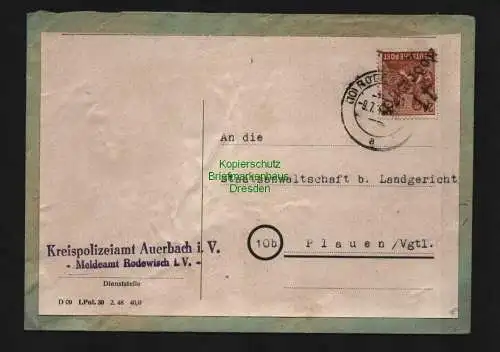 h4042 SBZ Bezirkshandstempel Bezirk 41 Rodewisch 9.7.48 Brief Kreispolizeiamt