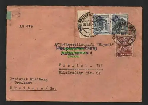 h4107 SBZ Bezirkshandstempel Bezirk 14 Brief Freiberg violett 26.6.48 n. Freital