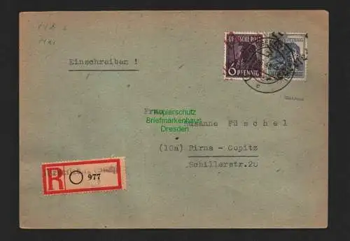 h4281 SBZ Bezirkshandstempel Bezirk 14 R-Brief Niedersedlitz 6 roter Aufdruck