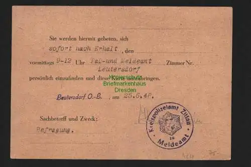 h4210 SBZ Bezirkshandstempel Bezirk 14 Postkarte Leutersdorf 25.6.48 Ortskarte