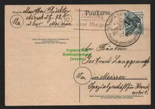 h4238 SBZ Bezirkshandstempel Bezirk 14 Postkarte Meißen 30.6.48 Meschütz