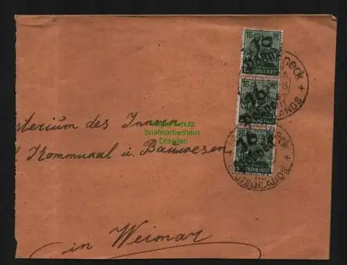 h3928 SBZ Bezirkshandstempel Bezirk 16 Pößneck 3 x 16 Pfg. Briefteil SST 1848 -