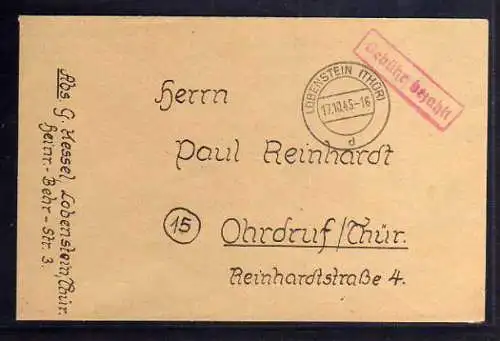 B555 SBZ Brief Gebühr bezahlt 1945 Lobenstein Thür.