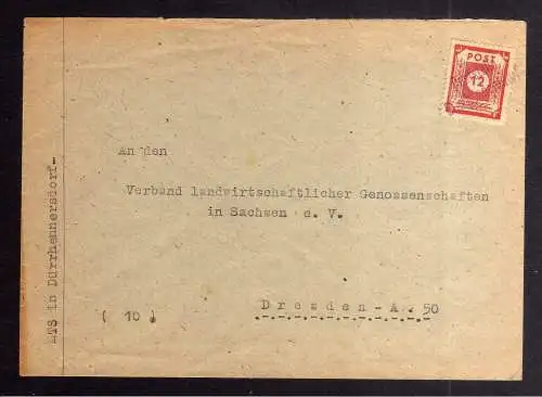 B3355 Brief SBZ Ostsachsen Notstempel Poststelle Dürrhennersdorf MTS n. Dresden
