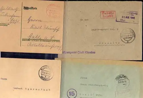 B392 4x SBZ Brief Karte Gebühr bezahlt 1945 Glauchau Firma Bössneck & Meyer ....