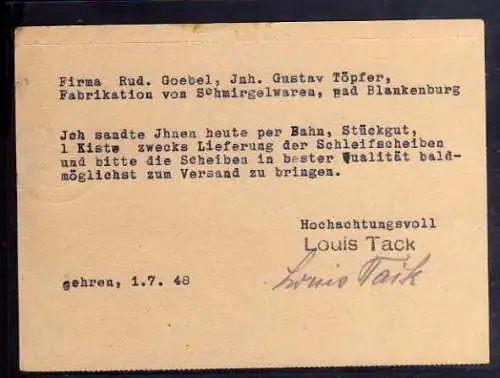 B383 Karte SBZ Gebühr bezahlt 1948 Gehren Thür. Sägewerk Louis Tack
