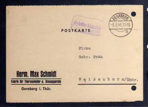 B386 SBZ Postkarte Gebühr bezahlt 19456 Geraberg Fabrik für Thermometer und Gals