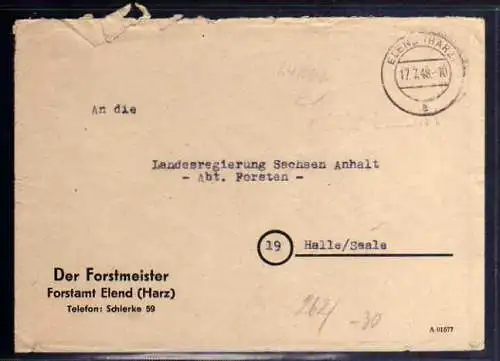 B345 SBZ Brief Gebühr bezahlt 1948 Elend Harz Währungsreform Forstmeister Forsta
