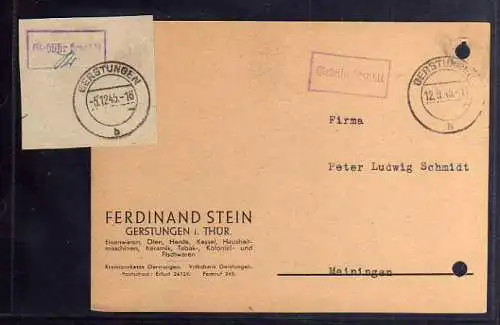 B390 SBZ Postkarte Gebühr bezahlt 19456 Gerstungen Eisenwaren Ferdinand Stein +