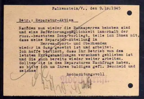 B359 Karte SBZ Gebühr bezahlt 1945 Falkenstein Vogtl. Spitzen- und Wäschefabrik