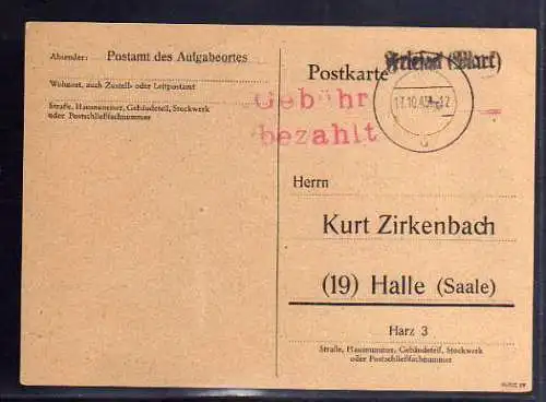 B374 Karte SBZ Gebühr bezahlt 1945 Frieseck Mark