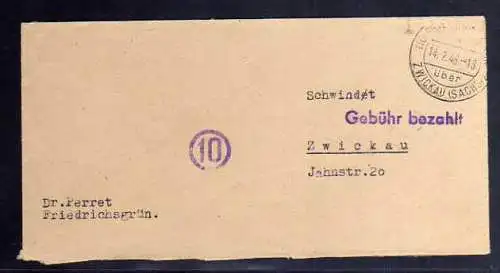 B376 Brief SBZ Gebühr bezahlt 1946 Friedrichsgrün über Zwickau