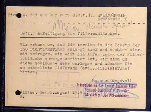 B394 SBZ Postkarte Gebühr bezahlt 1948 Glöthe über Schönebeck Elbe Portlant Ceme