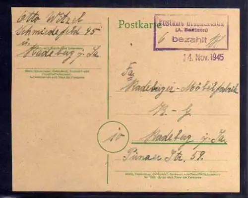 B436 SBZ Karte Gebühr bezahlt 1945 Postamt Grossharthau A. Bautzen  Möbelfabrik