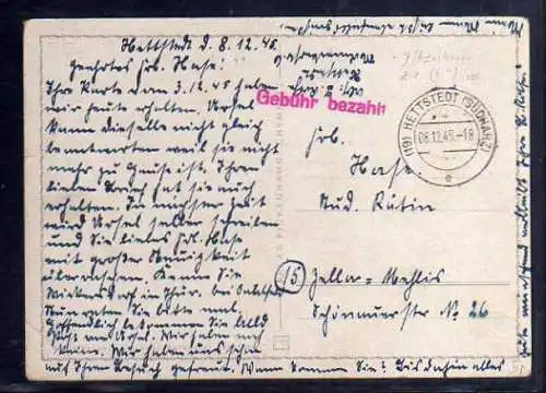 B467 SBZ Postkarte Gebühr bezahlt 1945  Hettstedt Südharz