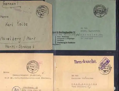 B367 4x SBZ Brief Karte Gebühr bezahlt 1945 Freiberg Sachs. Eisen Handlung 1946