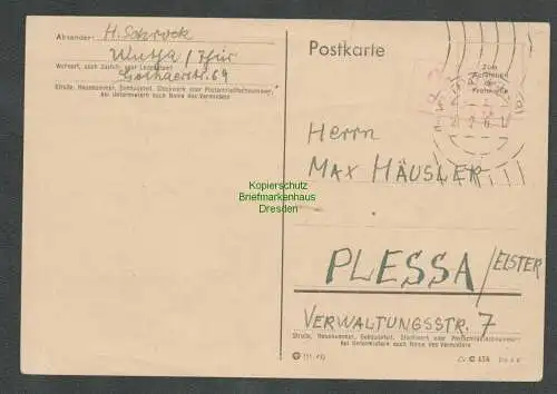 B4858 SBZ Postkarte Gebühr bezahlt 1946 Wutha Thür. Nach Plassa / Elster