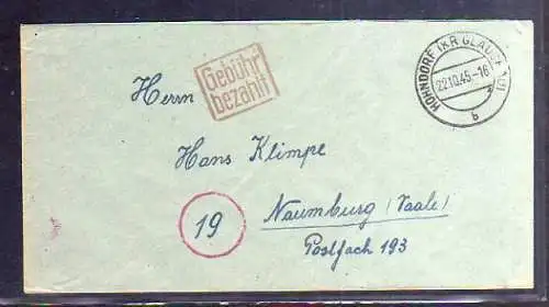 B476 SBZ Brief Gebühr bezahlt 1945 Hohndorf Kr. Glauchau
