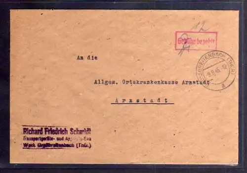 B424  SBZ Brief Gebühr bezahlt 1945 Großbreitenbach
